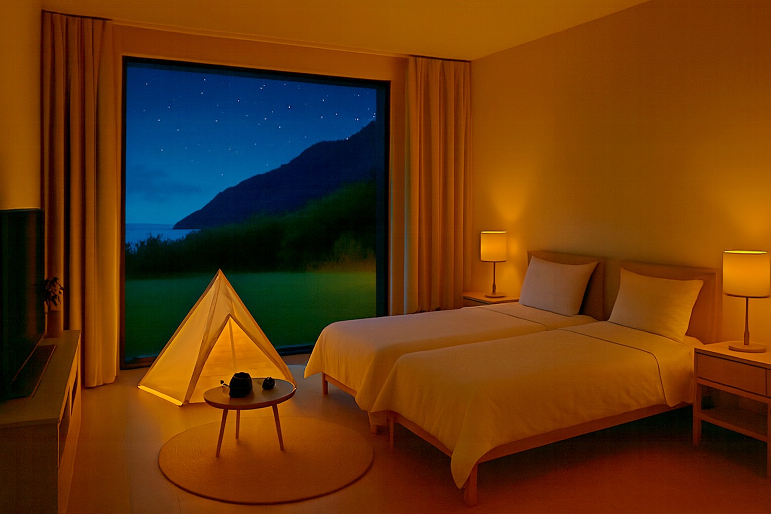 夢幻山景房：房間內看見的海岸夜景